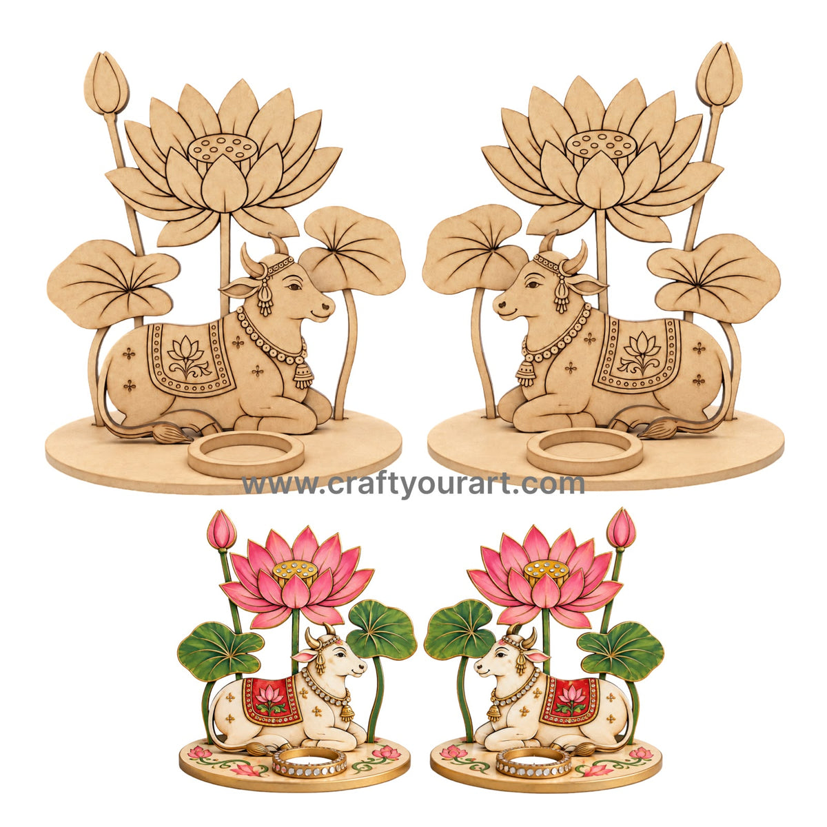 Pichwai Cow And Lotus Multiple Diya Tealight Holder Pre Marked MDF Design 2