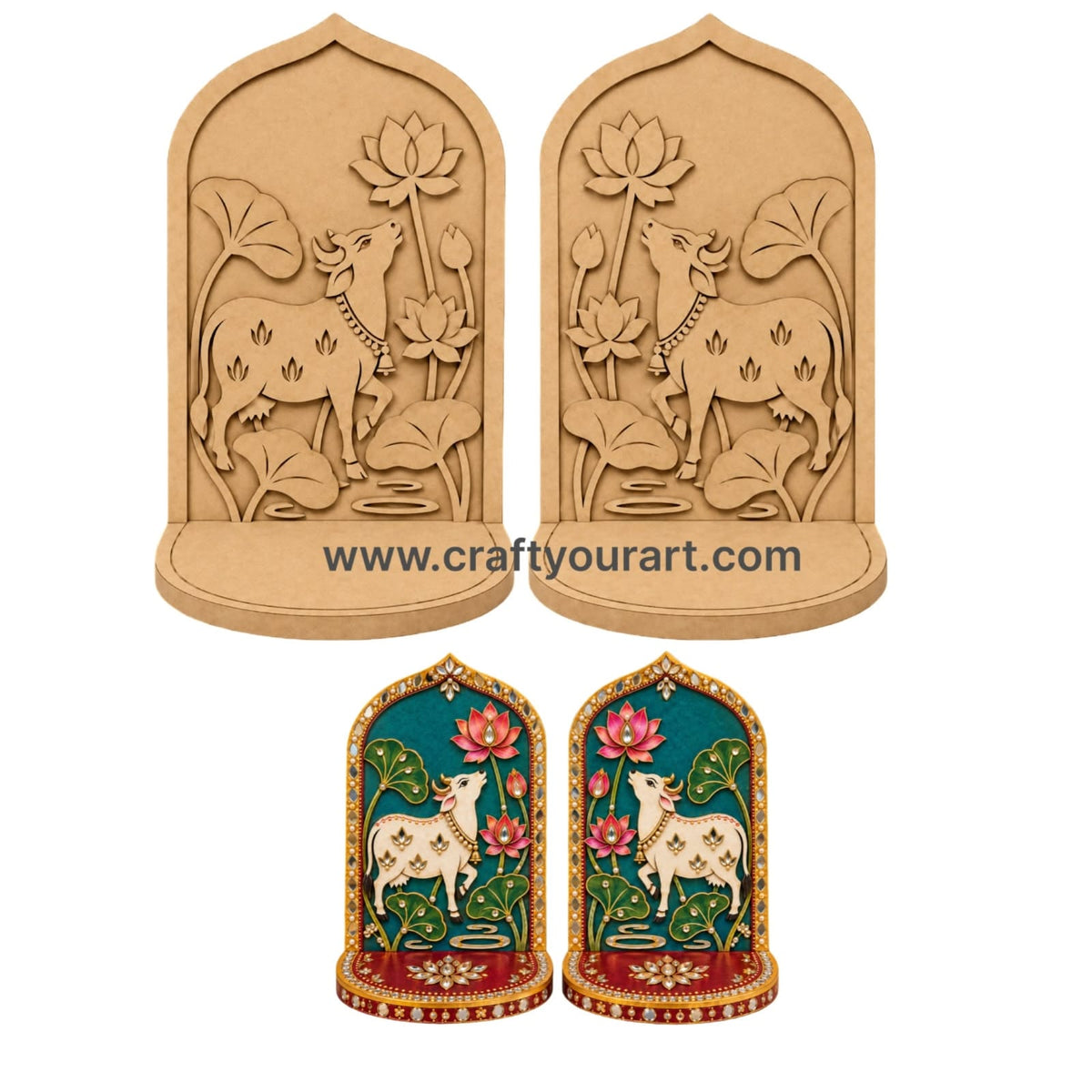 Pichwai Cow And Lotus Multiple Diya Tealight Holder Pre Marked MDF Design 3
