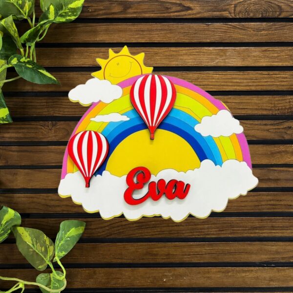 Rainbow Hot Air Balloon Nameplate MDF Design 1